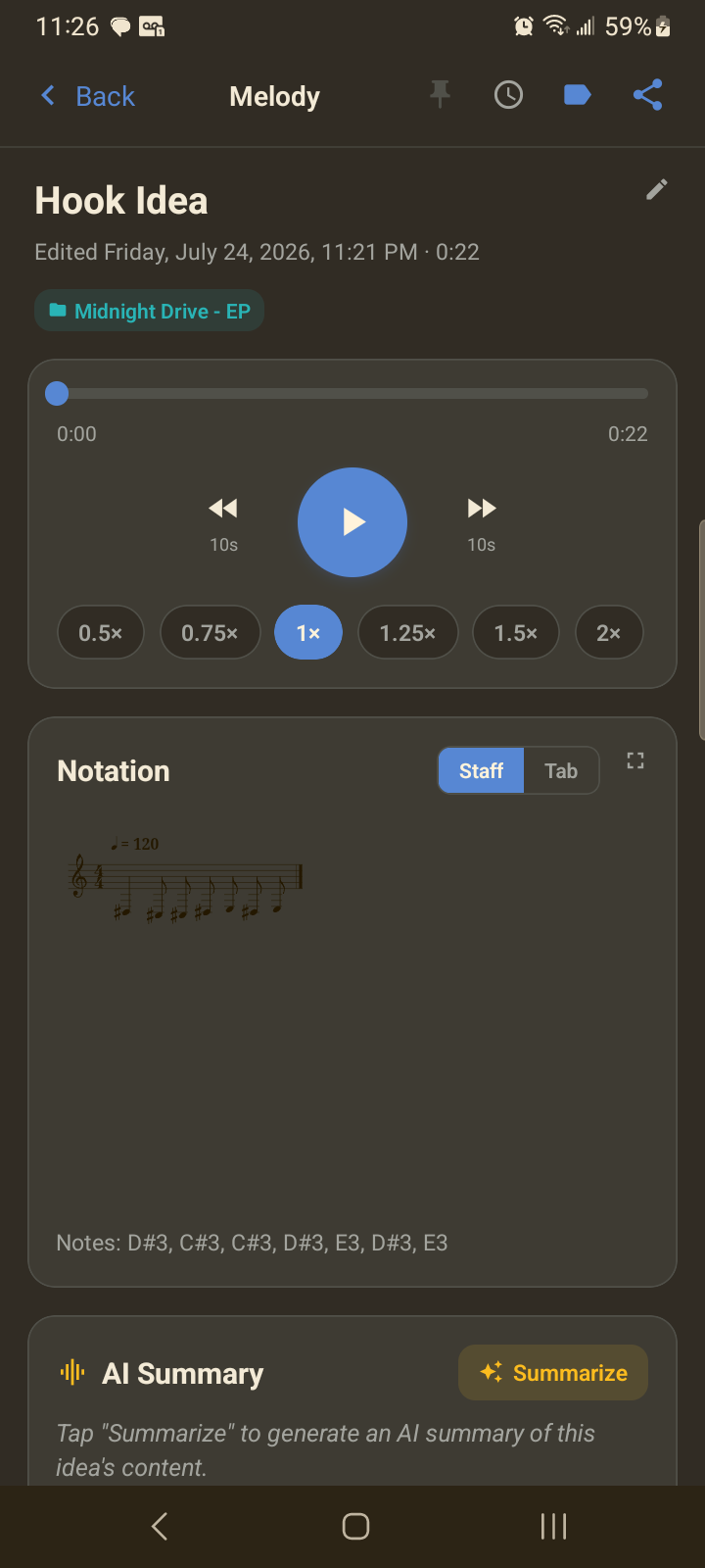 MotifScribe melody notation, converted from a hummed idea